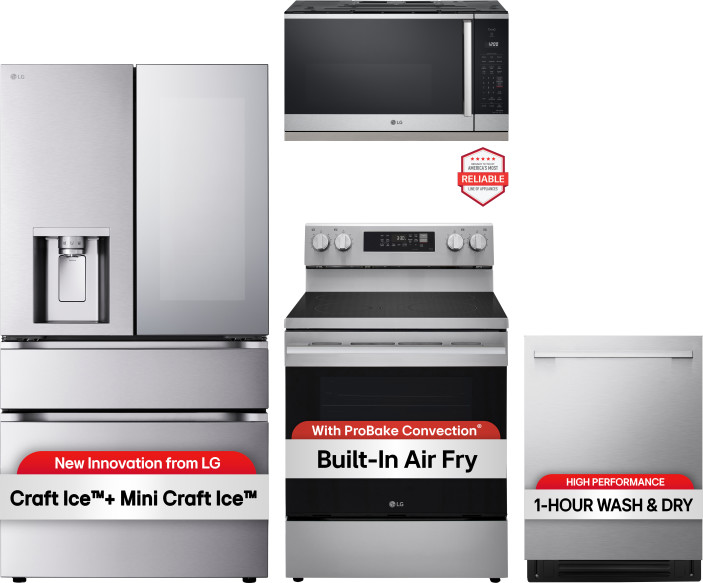 LG 4 Piece Kitchen Appliances Package with French Door Refrigerator, Electric Range, Dishwasher and Over the Range Microwave in Stainless Steel LGRERA