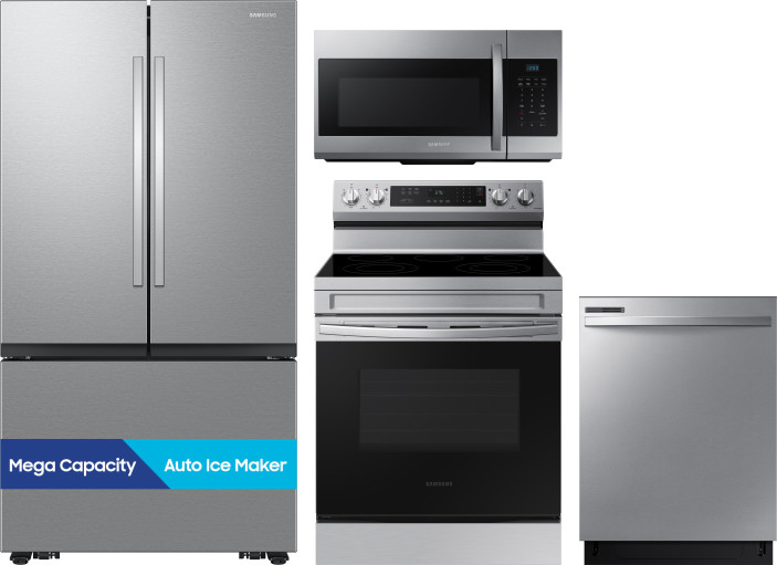 Samsung 4 Piece Kitchen Appliances Package with French Door Refrigerator, Electric Range, Dishwasher and Over the Range Microwave in Fingerprint Resis