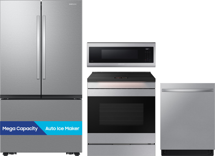 Samsung 4 Piece Kitchen Appliances Package with French Door Refrigerator, Induction Range, Dishwasher and Over the Range Microwave in Fingerprint Resi