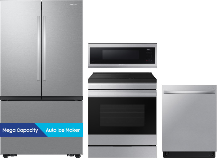 Samsung 4 Piece Kitchen Appliances Package with French Door Refrigerator, Induction Range, Dishwasher and Over the Range Microwave in Fingerprint Resi