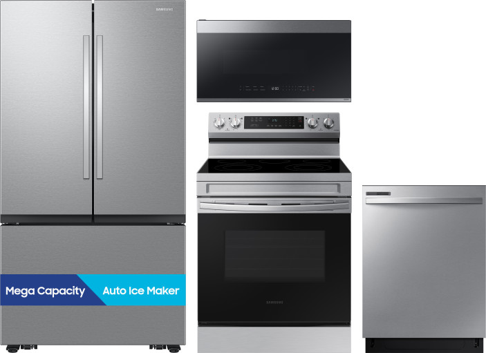 Samsung 4 Piece Kitchen Appliances Package with French Door Refrigerator, Electric Range, Dishwasher and Over the Range Microwave in Fingerprint Resis