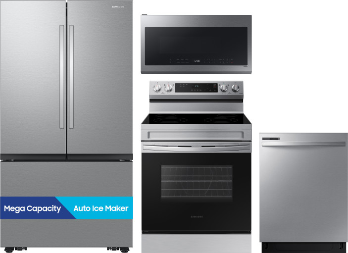 Samsung 4 Piece Kitchen Appliances Package with French Door Refrigerator, Electric Range, Dishwasher and Over the Range Microwave in Fingerprint Resis