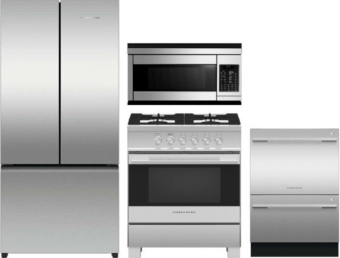 Fisher & Paykel Active Smart Contemporary 4 Piece Kitchen Appliances Package with French Door Refrigerator, Gas Range, Dishwasher and Over the Range M