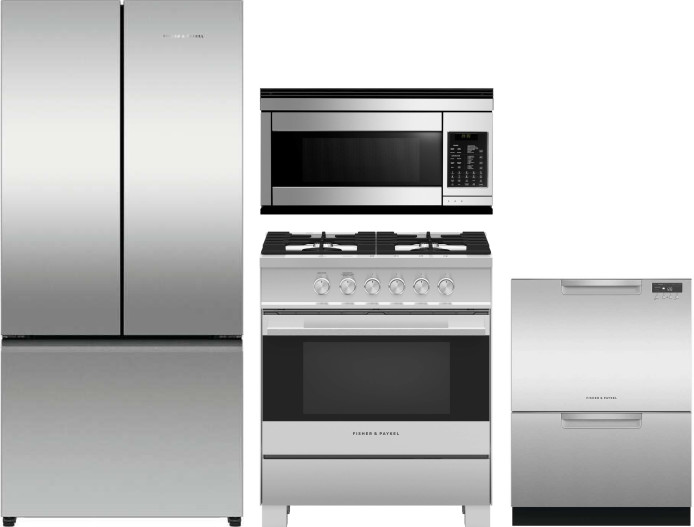 Fisher & Paykel Active Smart Contemporary 4 Piece Kitchen Appliances Package with French Door Refrigerator, Gas Range, Dishwasher and Over the Range M