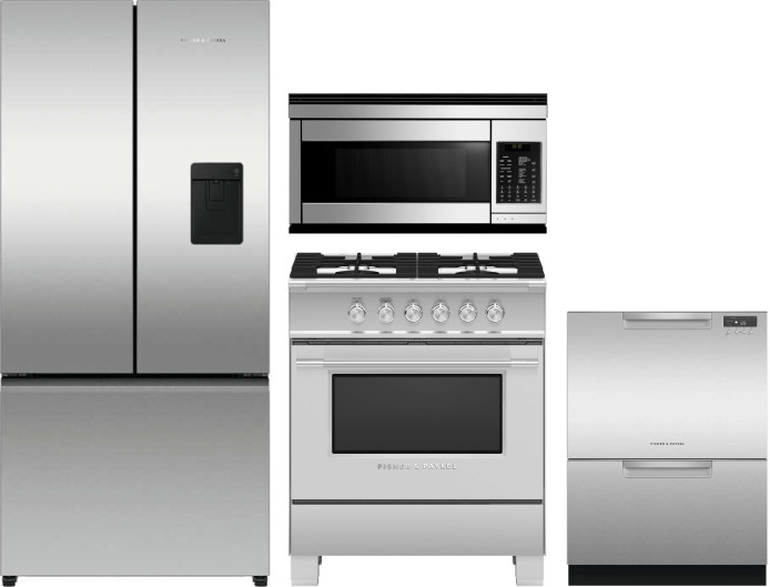 Fisher & Paykel Active Smart Contemporary 4 Piece Kitchen Appliances Package with French Door Refrigerator, Gas Range, Dishwasher and Over the Range M