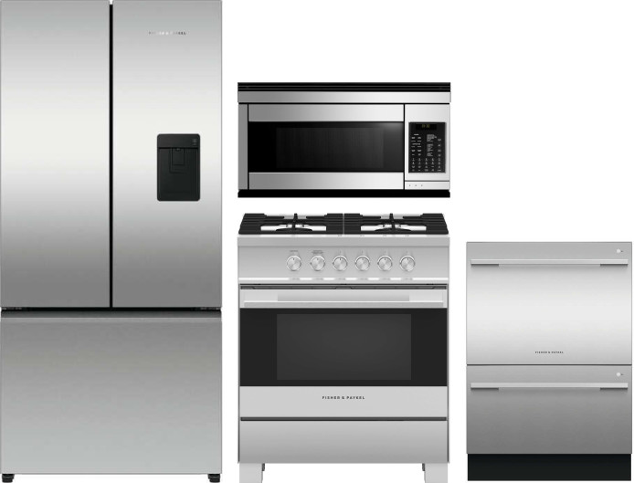 Fisher & Paykel Active Smart Contemporary 4 Piece Kitchen Appliances Package with French Door Refrigerator, Gas Range, Dishwasher and Over the Range M
