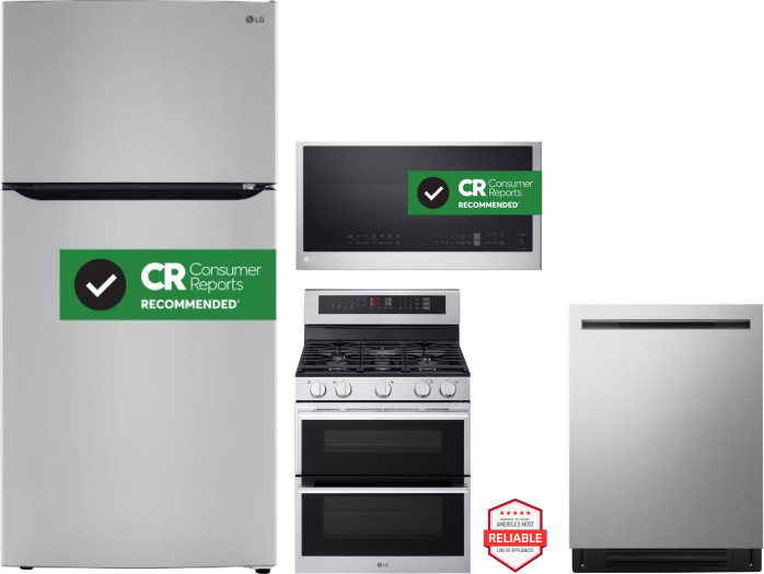LG 4 Piece Kitchen Appliances Package with Top Freezer Refrigerator, Gas Range, Dishwasher and Over the Range Microwave in Stainless Steel LGRERADWMW2