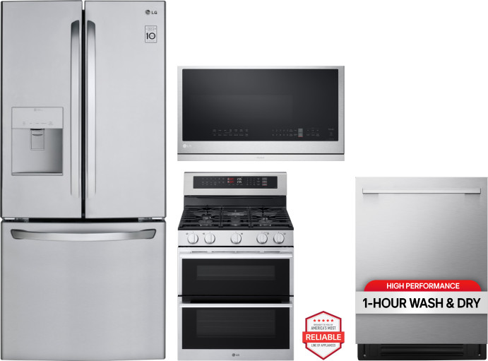 LG 4 Piece Kitchen Appliances Package with French Door Refrigerator, Gas Range, Dishwasher and Over the Range Microwave in Stainless Steel LGRERADWMW2