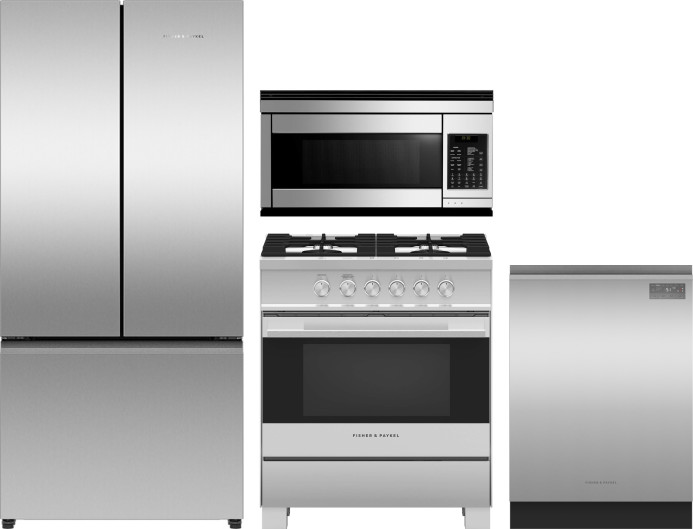 Fisher & Paykel 4 Piece Kitchen Appliances Package with French Door Refrigerator, Gas Range, Dishwasher and Over the Range Microwave in Stainless Stee