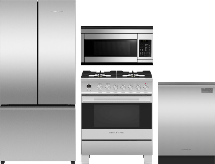 Fisher & Paykel 4 Piece Kitchen Appliances Package with French Door Refrigerator, Dual Fuel Range, Dishwasher and Over the Range Microwave in Stainles