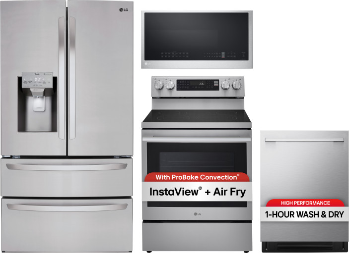 LG 4 Piece Kitchen Appliances Package with French Door Refrigerator, Electric Range, Dishwasher and Over the Range Microwave in Stainless Steel LGRERA