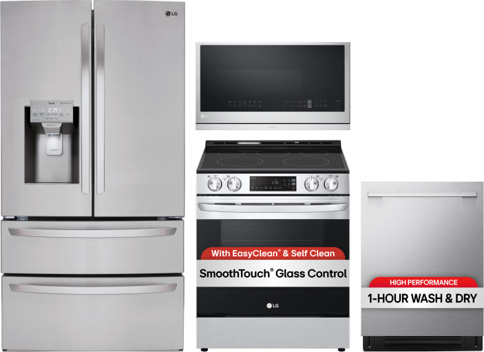 LG 4 Piece Kitchen Appliances Package with French Door Refrigerator, Electric Range, Dishwasher and Over the Range Microwave in Stainless Steel LGRERA