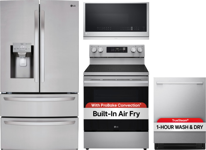 LG 4 Piece Kitchen Appliances Package with French Door Refrigerator, Electric Range, Dishwasher and Over the Range Microwave in Stainless Steel LGRERA
