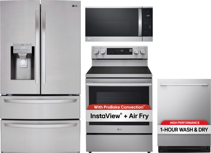 LG 4 Piece Kitchen Appliances Package with French Door Refrigerator, Electric Range, Over the Range Microwave and Dishwasher in Stainless Steel LGRERA