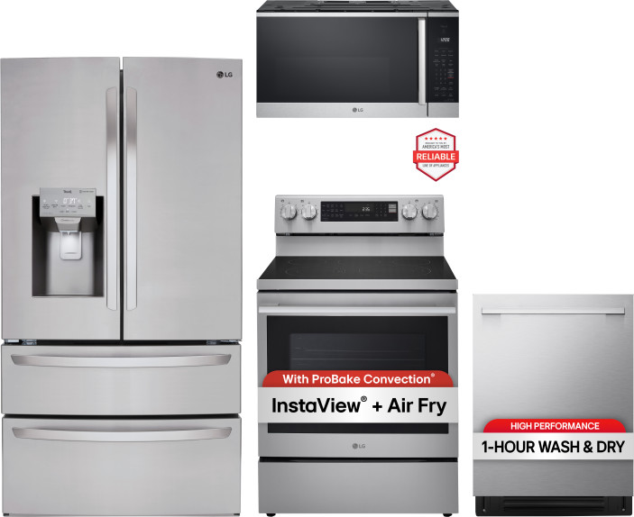 LG 4 Piece Kitchen Appliances Package with French Door Refrigerator, Electric Range, Over the Range Microwave and Dishwasher in Stainless Steel LGRERA