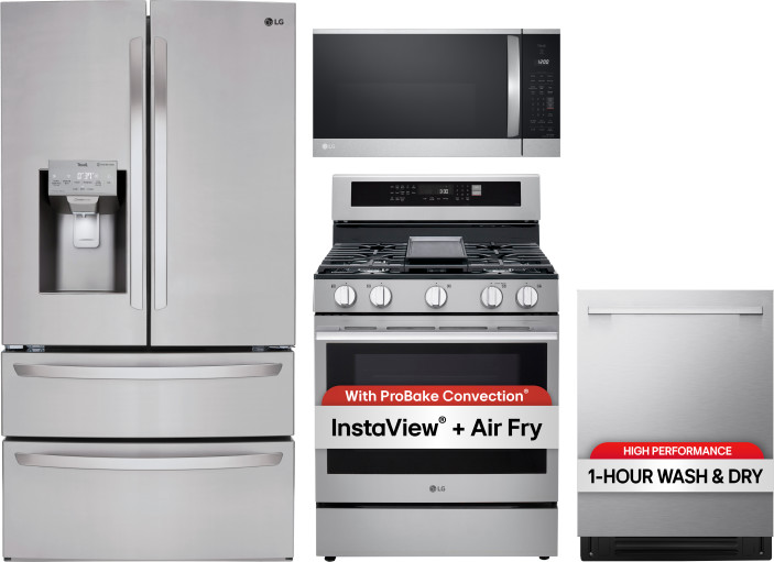 LG 4 Piece Kitchen Appliances Package with French Door Refrigerator, Gas Range, Over the Range Microwave and Dishwasher in Stainless Steel LGRERAMWDW1