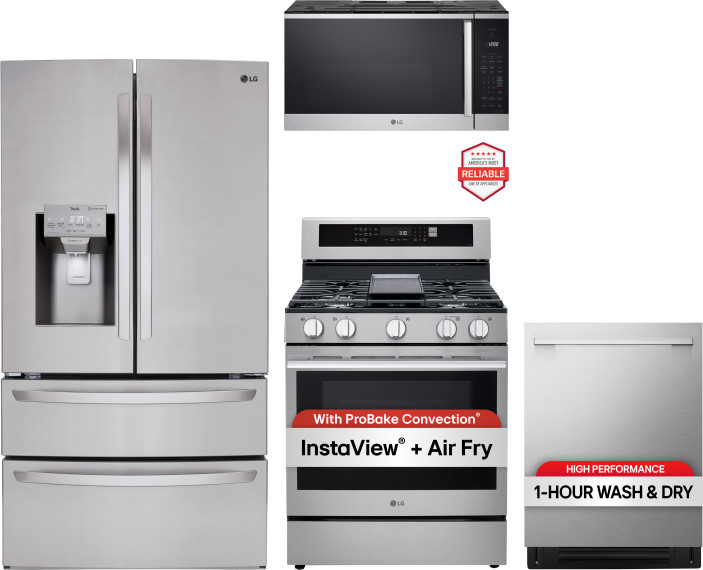 LG 4 Piece Kitchen Appliances Package with French Door Refrigerator, Gas Range, Over the Range Microwave and Dishwasher in Stainless Steel LGRERAMWDW1