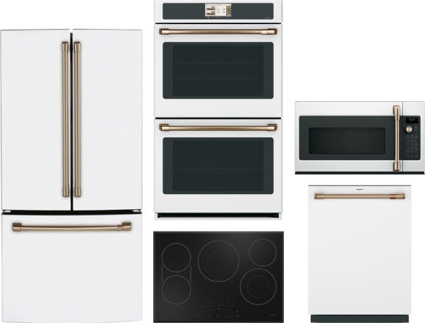 Cafe 5 Piece Kitchen Appliances Package with French Door Refrigerator, Dishwasher and Over the Range Microwave in Matte White CAFREWODWCTMW1