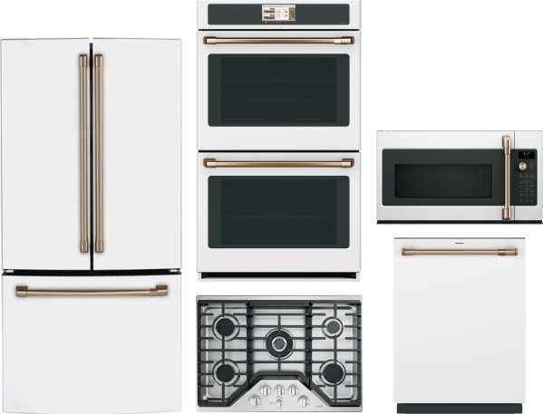 Cafe 5 Piece Kitchen Appliances Package with French Door Refrigerator, Dishwasher and Over the Range Microwave in Matte White CAFREWODWCTMW2