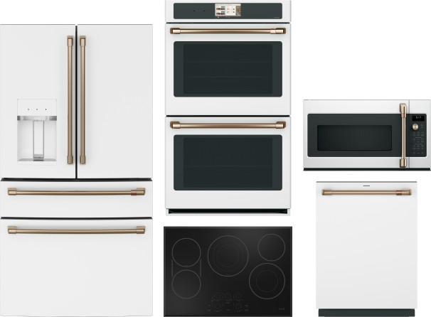 Cafe 5 Piece Kitchen Appliances Package with French Door Refrigerator, Dishwasher and Over the Range Microwave in Matte White CAFREWODWCTMW3