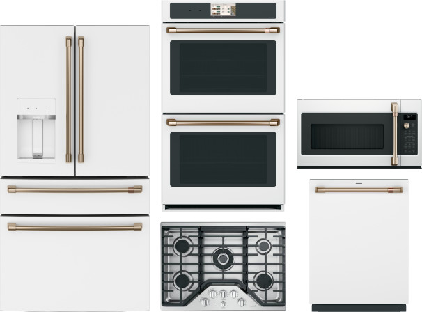 Cafe 5 Piece Kitchen Appliances Package with French Door Refrigerator, Dishwasher and Over the Range Microwave in Matte White CAFREWODWCTMW4