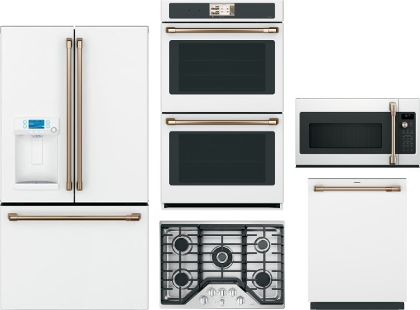 Cafe 5 Piece Kitchen Appliances Package with French Door Refrigerator, Dishwasher and Over the Range Microwave in Matte White CAFREWODWCTMW5