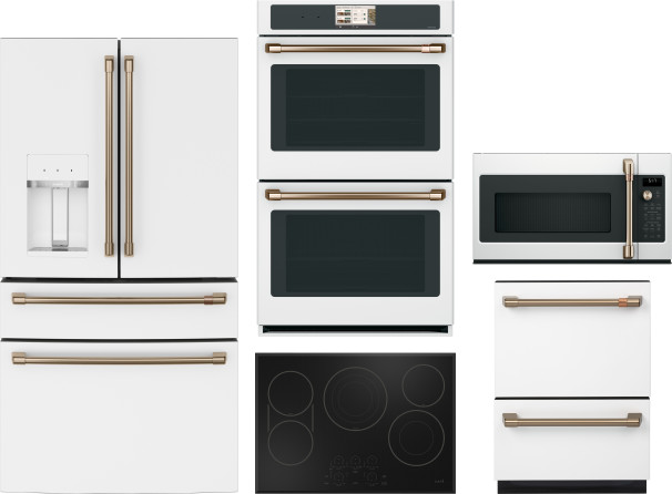 Cafe 5 Piece Kitchen Appliances Package with French Door Refrigerator, Dishwasher and Over the Range Microwave in Matte White CAFREWODWCTMW6