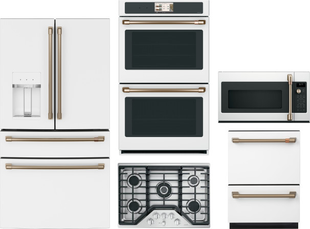 Cafe 5 Piece Kitchen Appliances Package with French Door Refrigerator, Dishwasher and Over the Range Microwave in Matte White CAFREWODWCTMW7