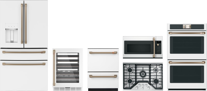 Cafe 6 Piece Kitchen Appliances Package with French Door Refrigerator, Dishwasher and Over the Range Microwave in Matte White CAFREWODWCTMWWC1
