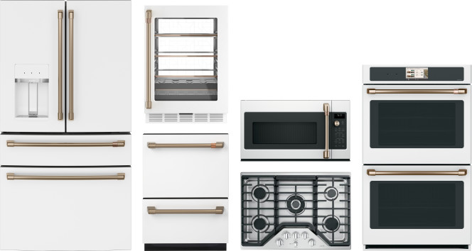 Cafe 6 Piece Kitchen Appliances Package with French Door Refrigerator, Dishwasher and Over the Range Microwave in Matte White CAFREWODWCTMWBC1
