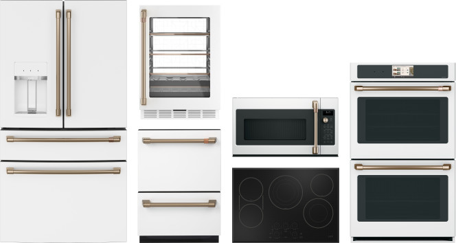Cafe 6 Piece Kitchen Appliances Package with French Door Refrigerator, Dishwasher and Over the Range Microwave in Matte White CAFREWODWCTMWBC2