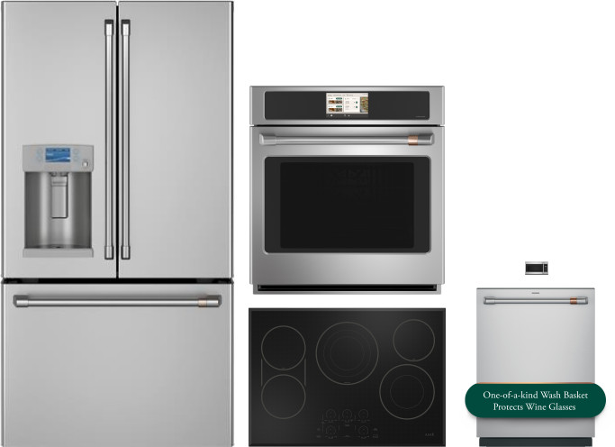 Cafe 5 Piece Kitchen Appliances Package with French Door Refrigerator, Over the Range Microwave and Dishwasher in Stainless Steel CAFRECTWOMWDW3