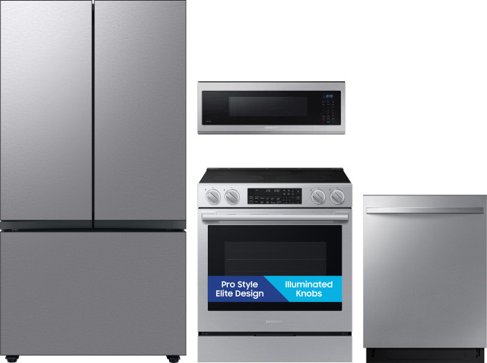 Samsung 4 Piece Kitchen Appliances Package with French Door Refrigerator, Electric Range, Dishwasher and Over the Range Microwave in Stainless Steel S