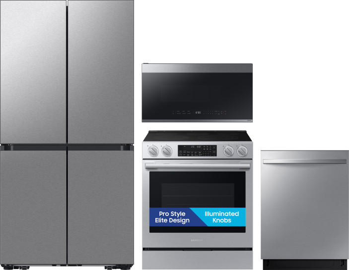 Samsung 4 Piece Kitchen Appliances Package with French Door Refrigerator, Electric Range, Dishwasher and Over the Range Microwave in Fingerprint Resis