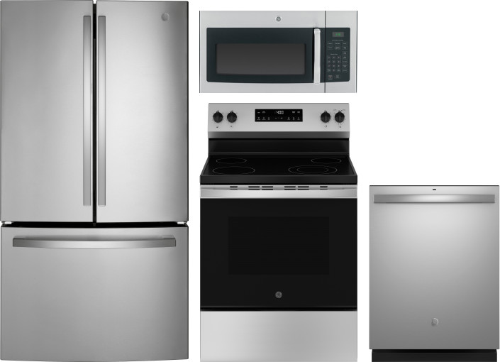 GE 4 Piece Kitchen Appliances Package with French Door Refrigerator, Electric Range, Over the Range Microwave and Dishwasher in Stainless Steel GEREFR