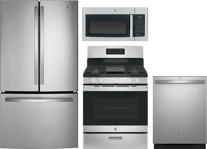 GE 4 Piece Kitchen Appliances Package with French Door Refrigerator, Gas Range, Over the Range Microwave and Dishwasher in Stainless Steel GEREFRADWOT