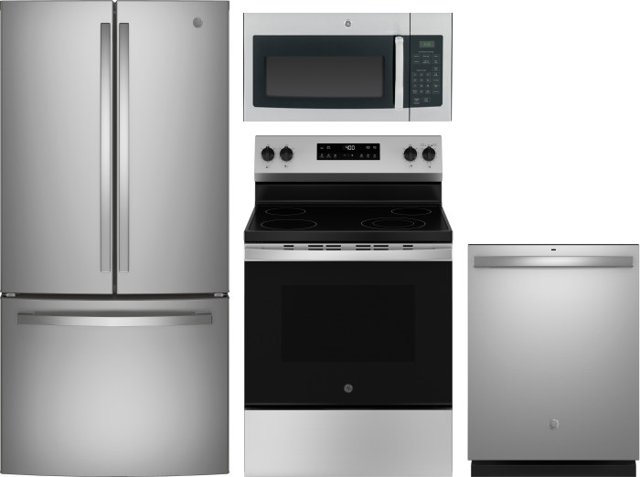 GE 4 Piece Kitchen Appliances Package with French Door Refrigerator, Electric Range, Over the Range Microwave and Dishwasher in Stainless Steel GEREFR