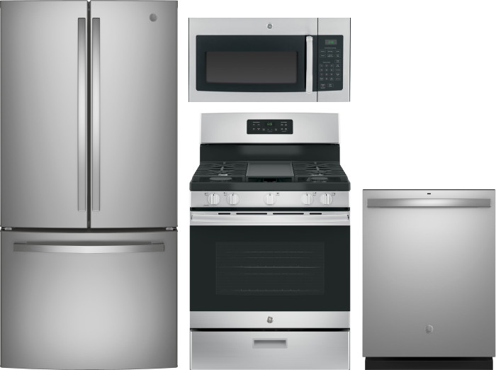 GE 4 Piece Kitchen Appliances Package with French Door Refrigerator, Gas Range, Over the Range Microwave and Dishwasher in Stainless Steel GEREFRADWOT