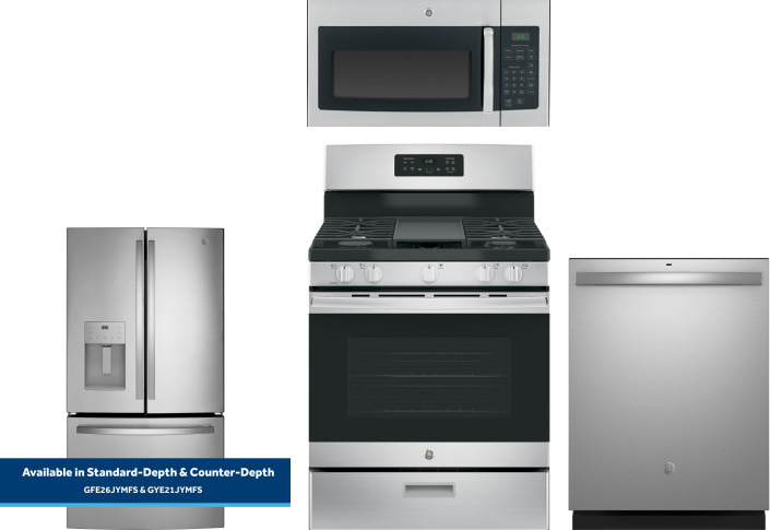 GE 4 Piece Kitchen Appliances Package with French Door Refrigerator, Gas Range, Over the Range Microwave and Dishwasher in Stainless Steel GEREFRADWOT