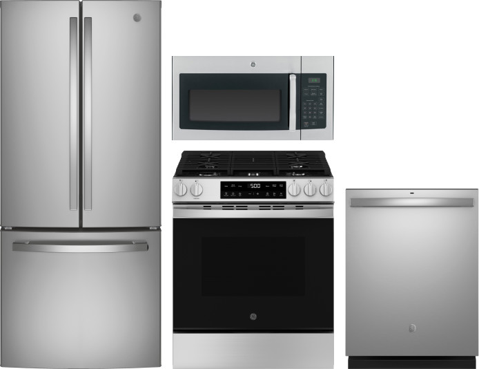 GE 4 Piece Kitchen Appliances Package with French Door Refrigerator, Gas Range, Over the Range Microwave and Dishwasher in Stainless Steel GEREFRADWOT