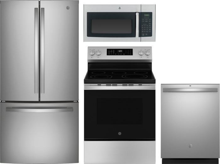 GE 4 Piece Kitchen Appliances Package with Electric Range, French Door Refrigerator, Over the Range Microwave and Dishwasher in Stainless Steel GEREFR