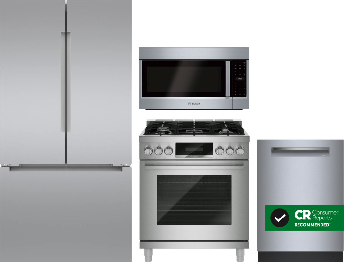 Bosch 4 Piece Kitchen Appliances Package with French Door Refrigerator, Gas Range, Dishwasher and Over the Range Microwave in Stainless Steel BORERADW