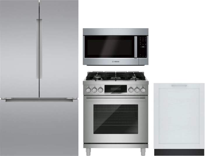 Bosch 4 Piece Kitchen Appliances Package with French Door Refrigerator, Gas Range, Dishwasher and Over the Range Microwave in Stainless Steel BORERADW