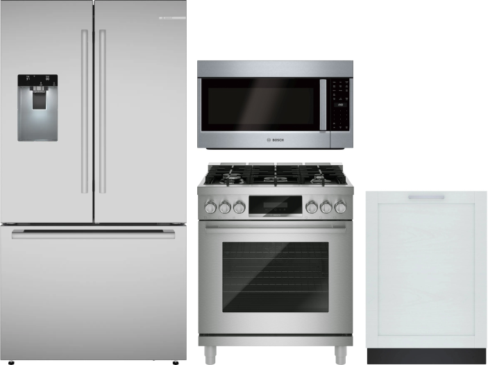 Bosch 4 Piece Kitchen Appliances Package with French Door Refrigerator, Gas Range, Dishwasher and Over the Range Microwave in Stainless Steel BORERADW