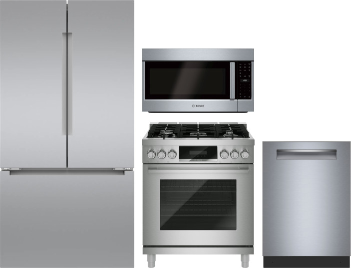 Bosch 4 Piece Kitchen Appliances Package with French Door Refrigerator, Gas Range, Dishwasher and Over the Range Microwave in Stainless Steel BORERADW