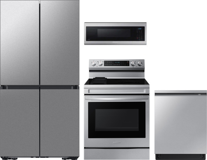 Samsung 4 Piece Kitchen Appliances Package with French Door Refrigerator, Electric Range, Dishwasher and Over the Range Microwave in Fingerprint Resis