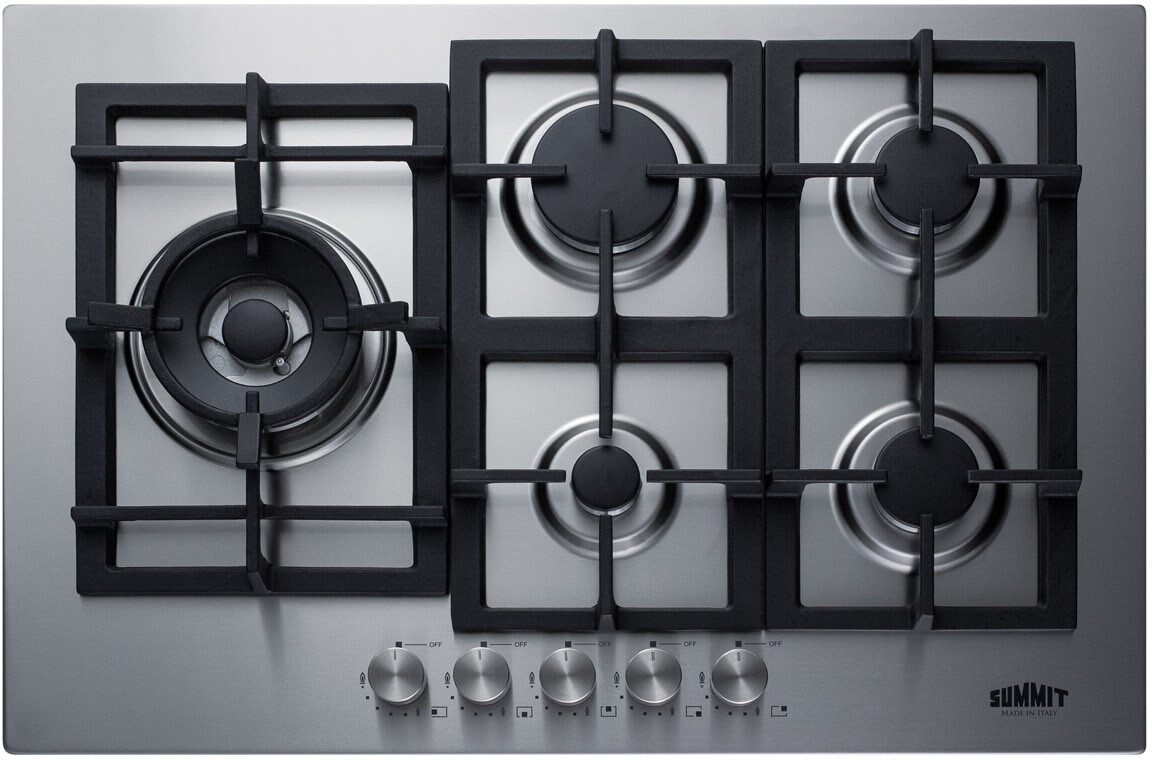 Summit GCJ5SSLP 30 inch Gas Cooktop with 5 Sealed Burners, Designer Knobs, Cast Iron Grates, Push-to-Turn Knobs, Rapid Burner and Wok Ring in Stainless Steel (Liquid Propane)