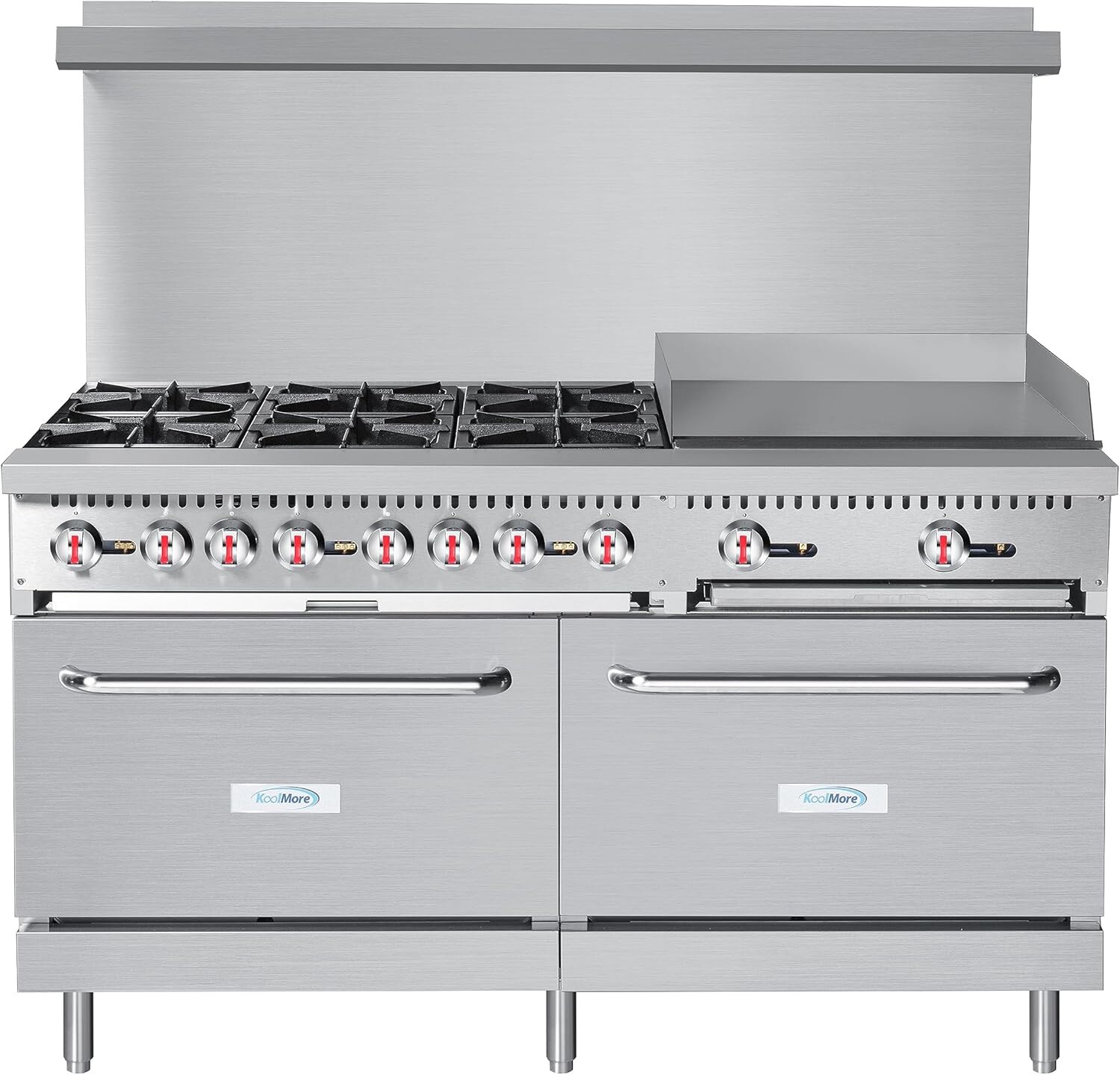KoolMore KMCRG60LP 60 inch 6 Burner Commercial Gas Range with Griddle, Easy-to-Clean Unit, High-Performance Burners, in Stainless Steel (Liquid Propane)