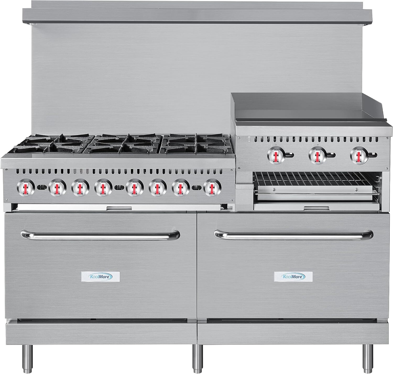KoolMore KMCRGB60LP 60 inch 6 Burner Commercial Gas Range with Griddle and Broiler, Easy To Clean Unit, Large Shelf and High Performance Open Top Burners, in Stainless Steel (Liquid Propane)