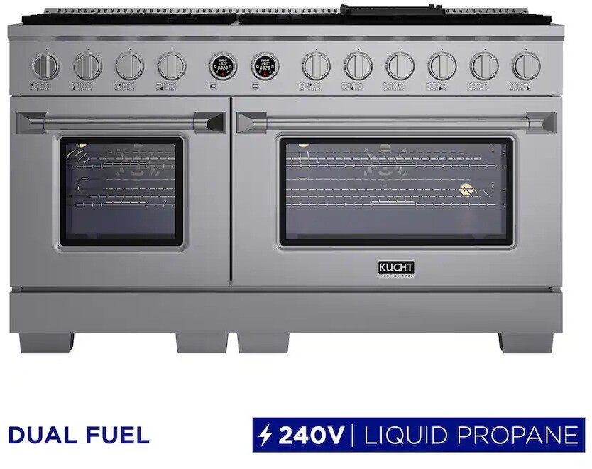 Kucht KXP60LPSS 60 inch Dual Fuel Range with 10 Sealed Burners, 8.5 cu. ft. Oven Capacity, Horus Digital Dial Thermostat, Reversible Grill/Griddle and Heavy Duty Cast-Iron Grates in Stainless Steel (Liquid Propane, Stainless Steel)